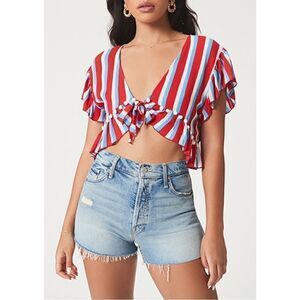 Lovers and Friends Waves For Days Crop Top Ruffle Sleeve Americana Stripe Sz S